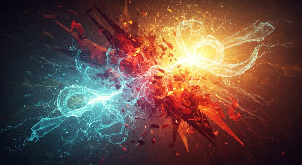 A vibrant abstract image of energy bursts with fiery reds, bright yellows, and cool blues, representing profound soul purification and spiritual awakening.