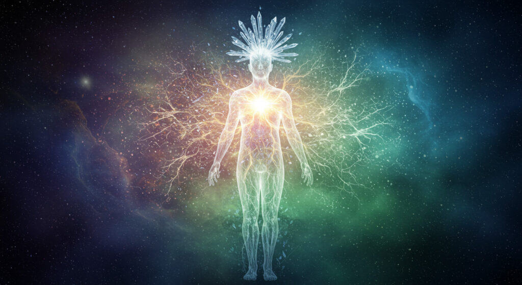 An ethereal human figure with a luminous crown and radiant energy emanating from the heart, surrounded by cosmic and neural network patterns, symbolising spiritual awakening and soul knowledge.
