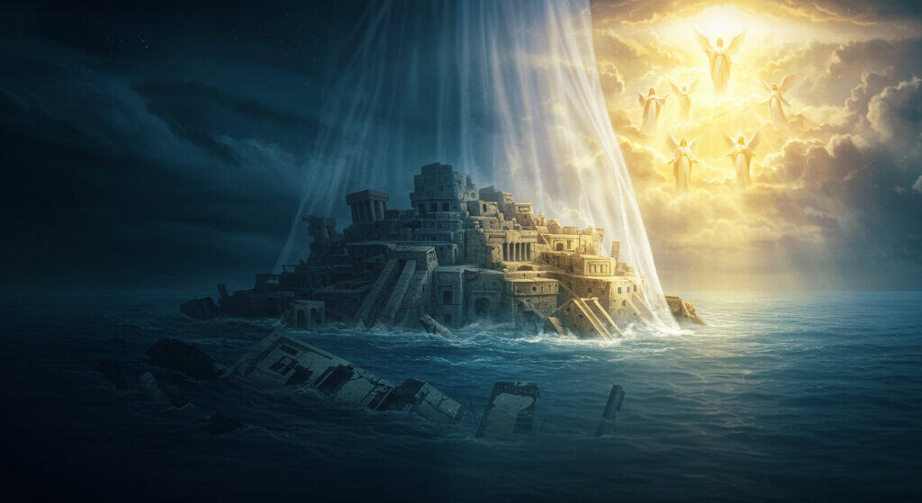 An ancient, submerged temple illuminated by divine light, symbolising spiritual awakening and cosmic connection amidst turbulent waters and celestial energies.