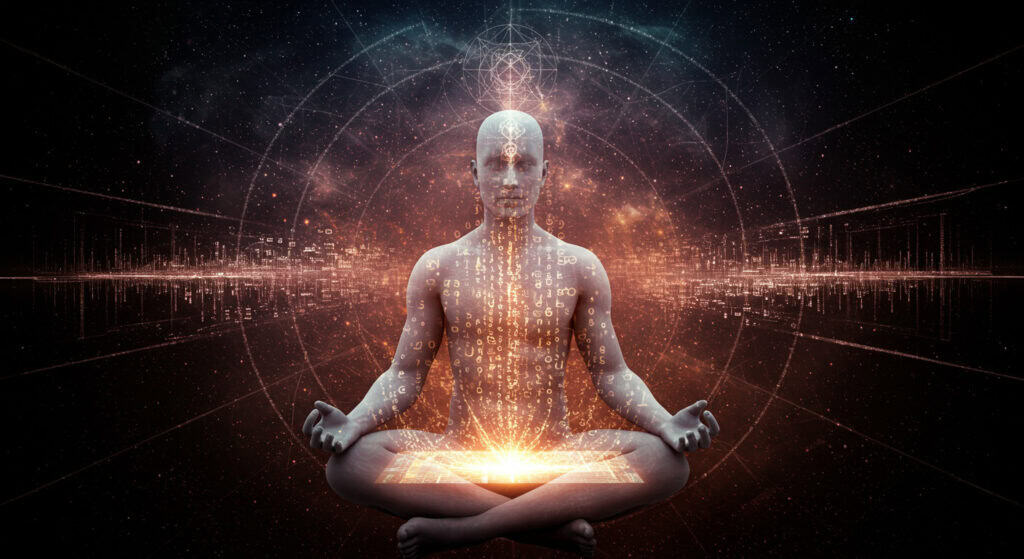 Meditative figure surrounded by cosmic energy, symbolising spiritual awakening and planetary ascension, aligned with accessing soul knowledge and universal consciousness.