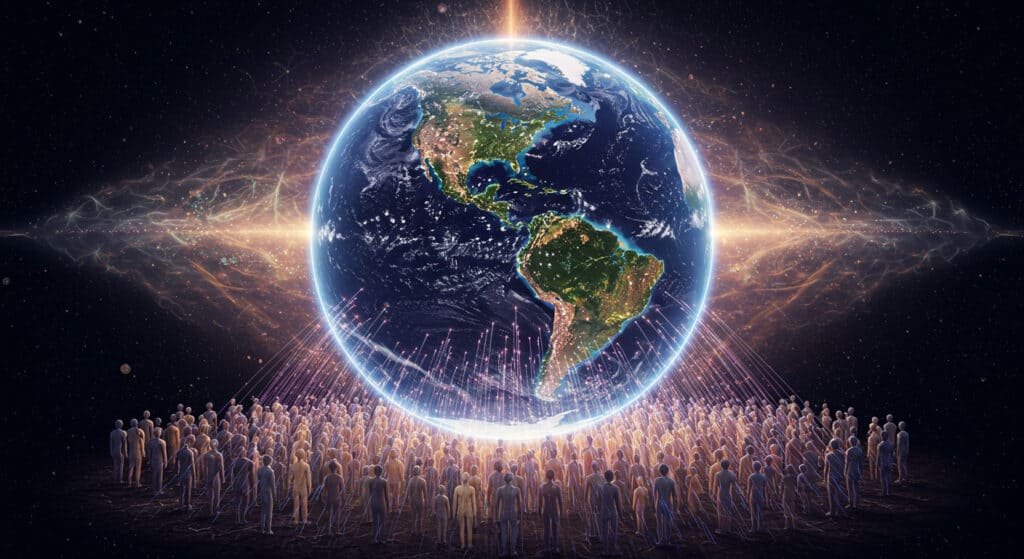 A luminous Earth surrounded by a crowd of people, with cosmic energy radiating outward, symbolising planetary ascension and spiritual awakening.