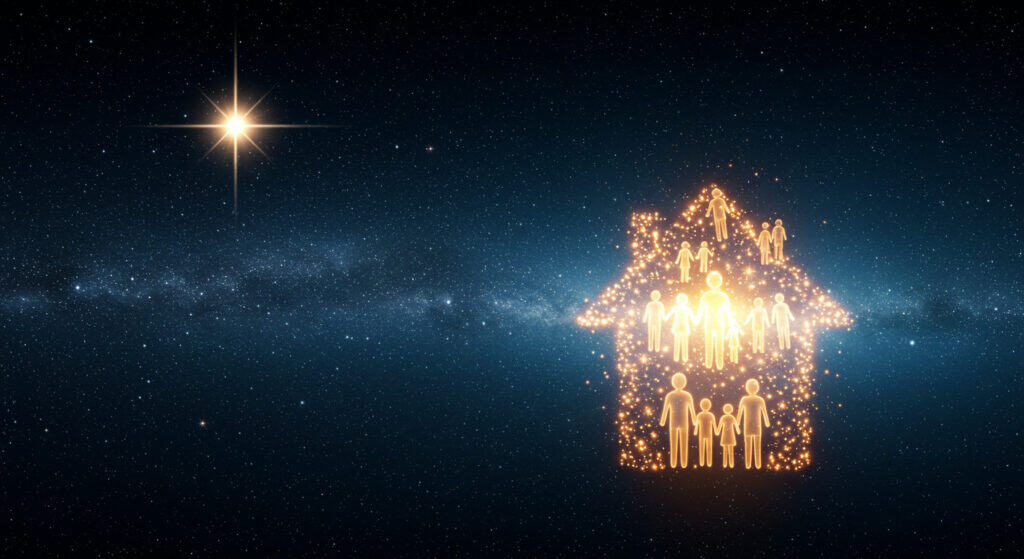 A luminous house made of glowing human figures against a starry cosmic background, symbolising spiritual growth, collective consciousness, and mastery of the inner self during planetary ascension.