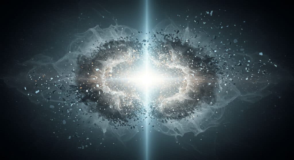 Abstract cosmic explosion representing inner consciousness and planetary ascension, with radiant light and energetic particles symbolising spiritual awakening and mental mastery.