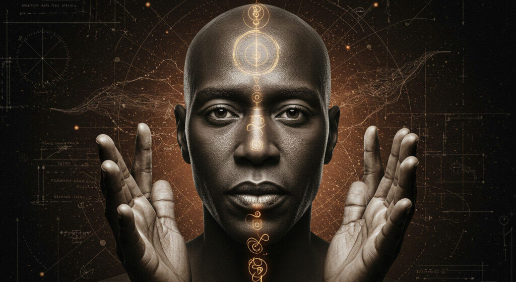 Portrait of a spiritual leader with illuminated symbols on face, representing authenticity and inner truth, aligned with the theme of walking the talk in spiritual leadership.