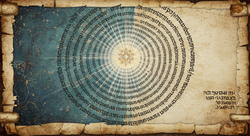 A mystical spiral of sacred text representing merging with divine consciousness and awakening to our true divinity.
