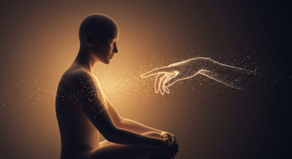 A digital artwork of a human figure reaching out to a glowing, ethereal hand, symbolising spiritual connection and wisdom within the context of Venusian teachings.