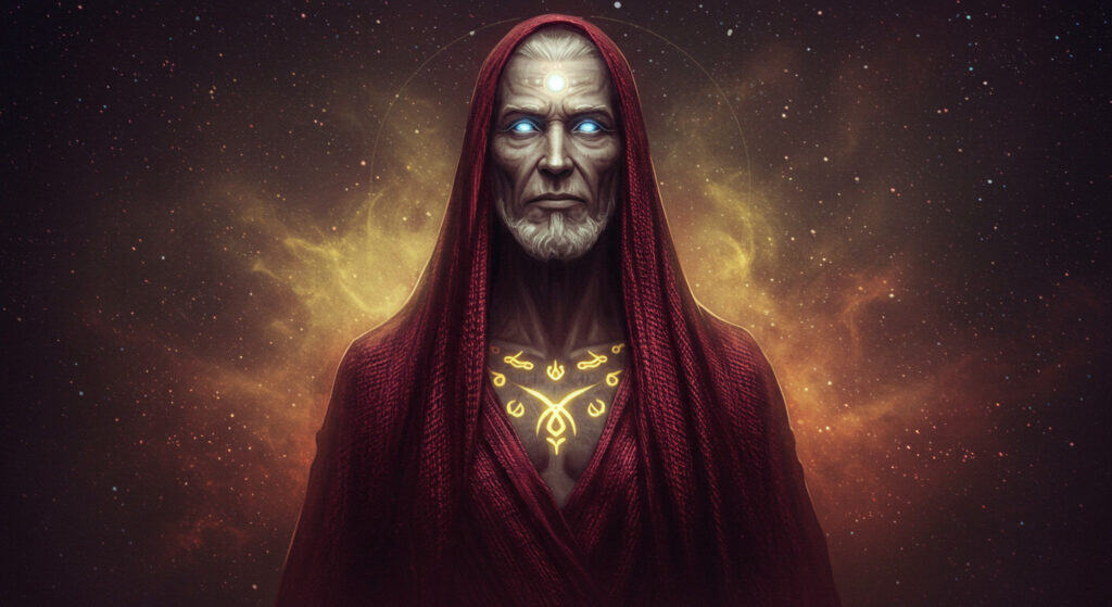 An ancient mystic with glowing symbols on his chest, wearing a deep red hooded cloak, set against a cosmic background with stars and nebulae.