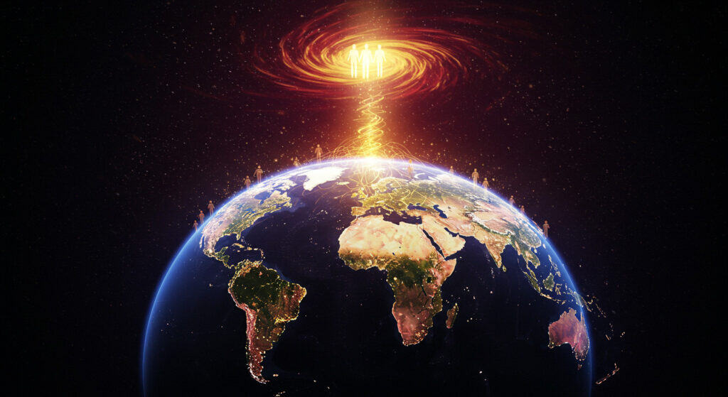 An image of Earth from space with a glowing cosmic portal above, symbolising spiritual awakening and cosmic connection.