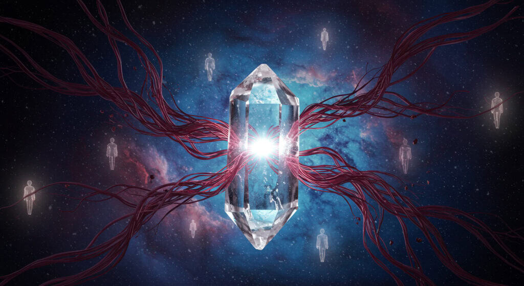 A luminous crystal gateway with red energy tendrils extending into space, symbolising a portal to Venusian wisdom and shared spiritual journeys.