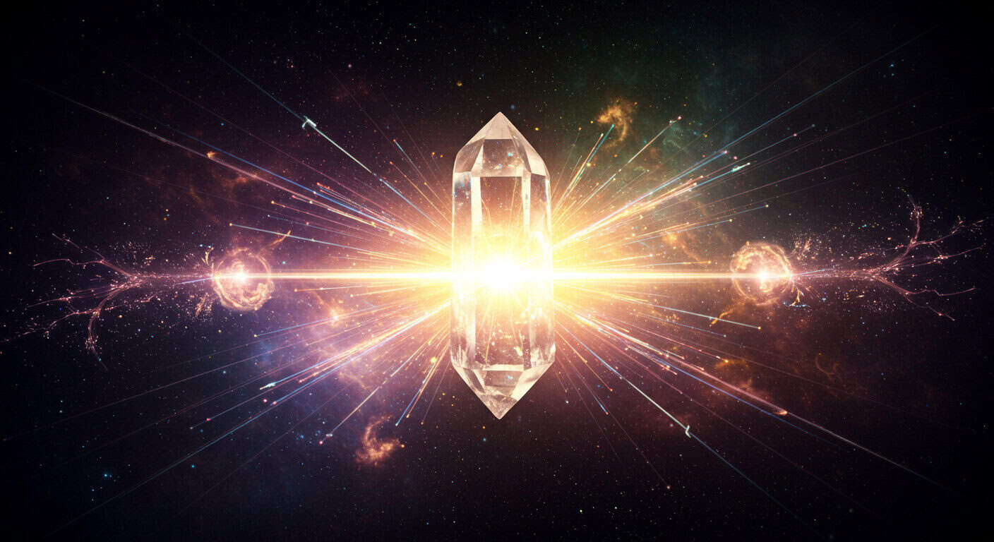 A luminous crystal surrounded by cosmic energy and light rays, symbolising spiritual guidance and universal connection.