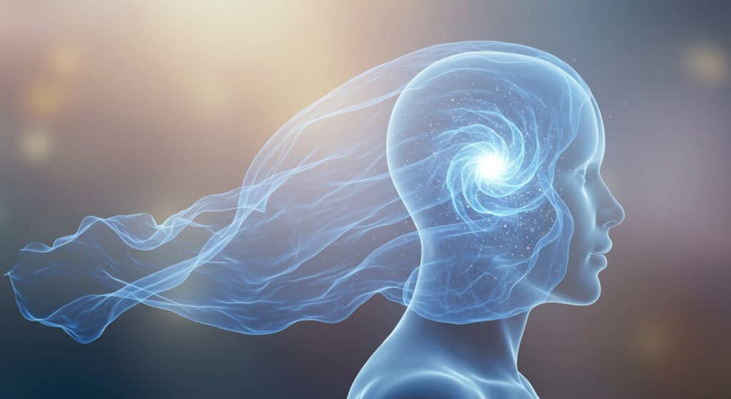 Digital artwork of a woman's profile with a glowing spiral inside her head, symbolising mind, creativity, and authenticity. Perfect for themes of character, consistency, and mental clarity.