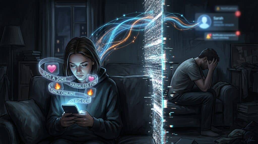 Illustration of two individuals separated by digital and moral divides, highlighting the contrast between online engagement and personal distress.