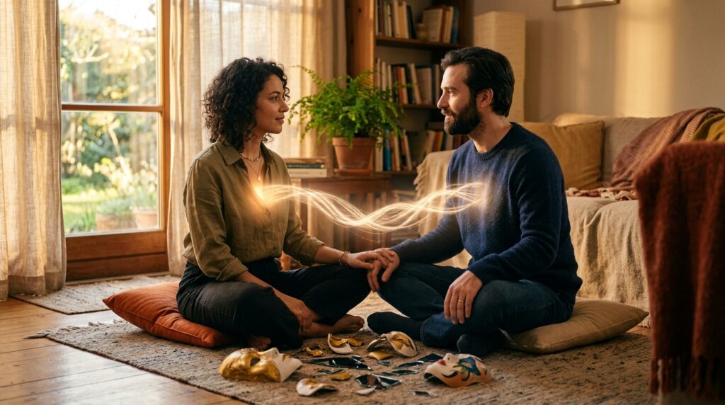 Two diverse individuals sitting cross-legged on a rug, holding hands with glowing energy connecting them, symbolising moral balance and ethical connection.